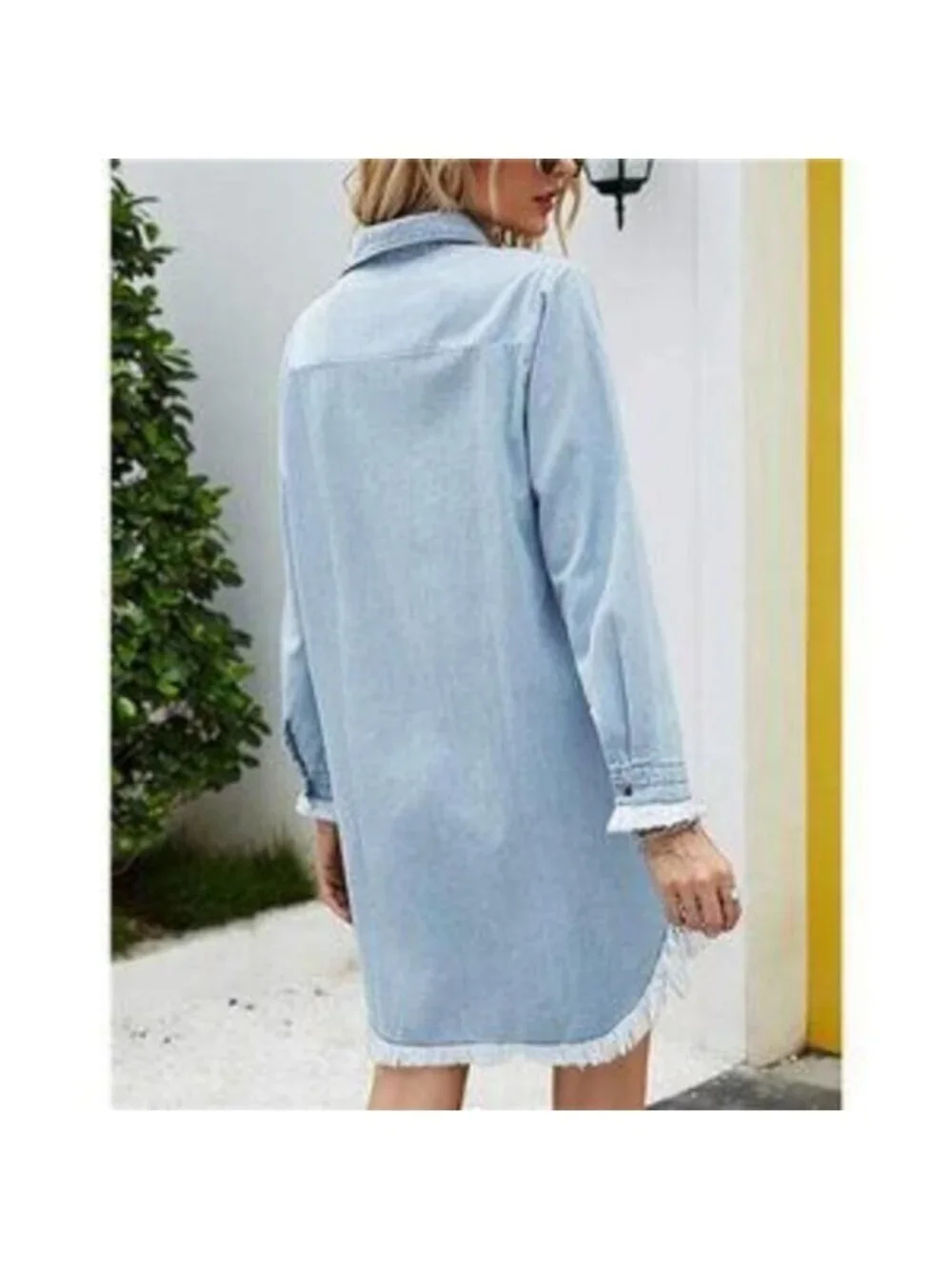 Women's Denim Shirt Dress Long Sleeve Distressed Jean Dress Tunic Top - Picture 4 of 4